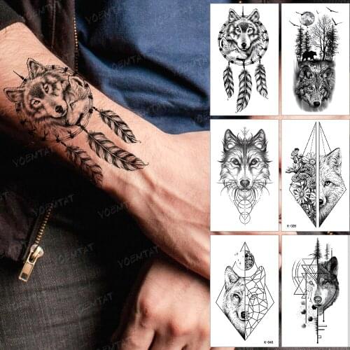 Waterproof Temporary Tattoo Sticker Wolf Totem Feather Forest Linear Geometric Black Tatto Arm Hand Flash Tatoo Man Woman Child