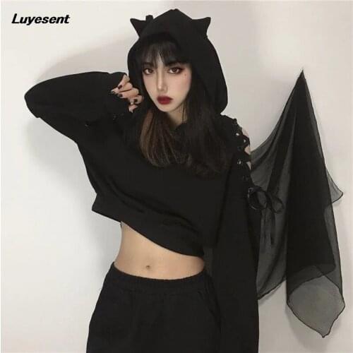 Gothic Black Women Demon Horn Hooded Sweatshirt 2021 Hipster Lady Eyelet Lace-up Off Shoulder Hollow Out Short Dark Goth Hoodies