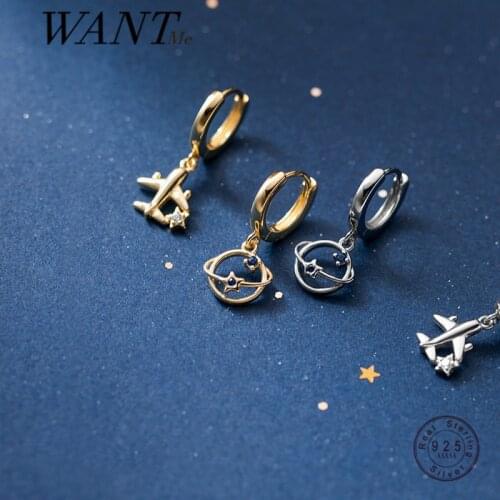 WANTME Genuine 925 Sterling Silver Fashion Korean Plane Planet Charming Stud Earrings for Women Party Hugging Earrings Jewelry