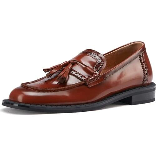 MORDOAN Genuine Leather Loafers Women Shoes Square Toe Flats Brock Womens Shoes Retro Tassel Shoes Oxford Shoes For Women