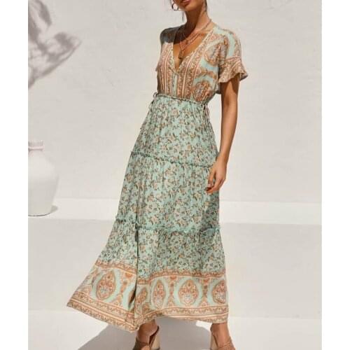 Happie Queens women floral print bat sleeve beach Bohemian maxi dresses Ladies deep V neck Tassel rayon Boho dress vestidos