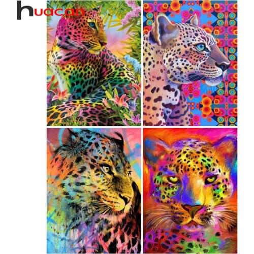 Huacan Diamond Painting Full Drill Leopard Diamond Embroidery Mosaic Colorful Animal Rhinestones Picture Home Decoration
