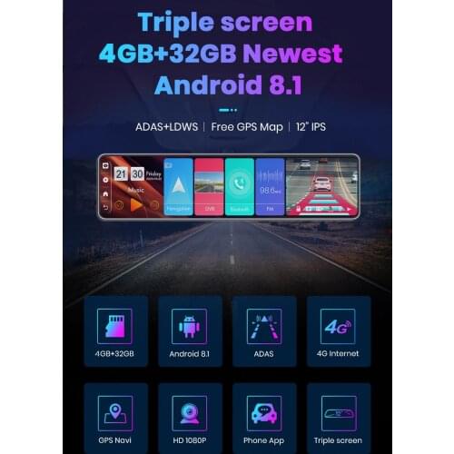 12-Inch 4G Car DVR Android 8.1 4G+32G Car Streaming Media Rearview Mirror Dual FHD 1080P Camera ADAS GPS Navigation Dash cam