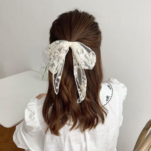 White High-quality Lace Bow Ribbon Hair Ring Ball Hair Clip Hair Band Super Fairy Ponytail Pearl Hair Band Headdress Atmosphere