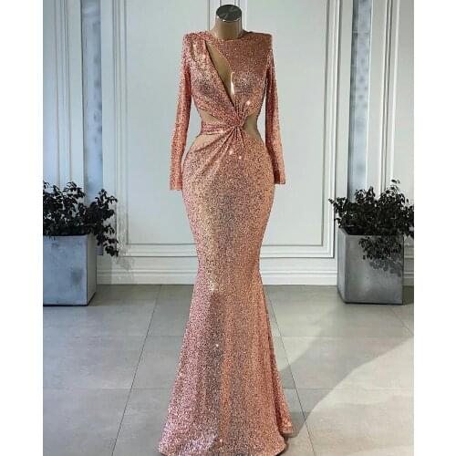 Shiny Rose Gold Mermaid Evening Dresses O Neck Long Sleeve Sequined Prom Dress Girls Pageant Red Carpet Fashion Wear