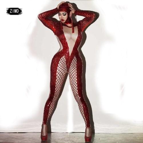 Shiny Red sequin rhinestone jumpsuit Women headwear sets Birthday performance Singer Party club outfits stage drag queen costume