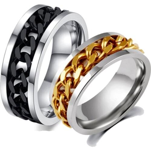 FairLadyHood 8MM Titanium Stainless Steel 5 Color Rotating Chain Ring Punk Style Personality Mens Ring Jewelry Charm Party Gift