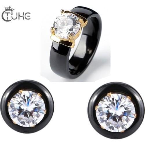 585 Gold Color Big 2.0 Carat Rhinestone Jewelry Set Fashion Jewelry Bling Crystal Ceramic Rings Stud Earrings Women Wedding Gift