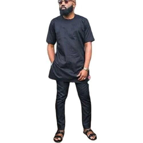 Black Cotton Short Sleeve Tops+Pants Africa Style Solid Colour Mens Suits Male Set Nigerian Fashion Wedding Party Wear