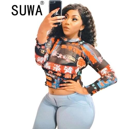 Trendy Chic See Through Mesh Printed Long Sleeve Pullover Retro Tunic 2021 Spring Summer Long Sleeve Crop Tops Plus Size 4XL