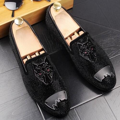 2020 New Luxury Suede men loafers black wedding party casual shoes England Moccasins Leopard Head print slippers men flats