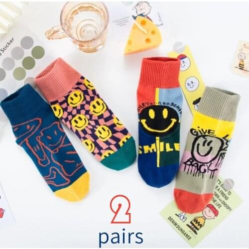 2 Pair Womens Cotton Socks Harajuku Anime Cartoon Funny Socks Girl Pink Cute Print Smile Pattern Short Socks Trend Street Style
