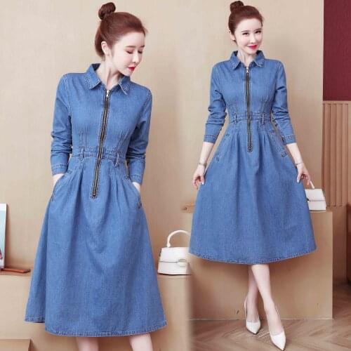New Women Jeans Dresses Casual Turn-Down Collar Collect Waist Slim Pocket Zipper Solid A-Line Cowboy For Females Denim One-Piece