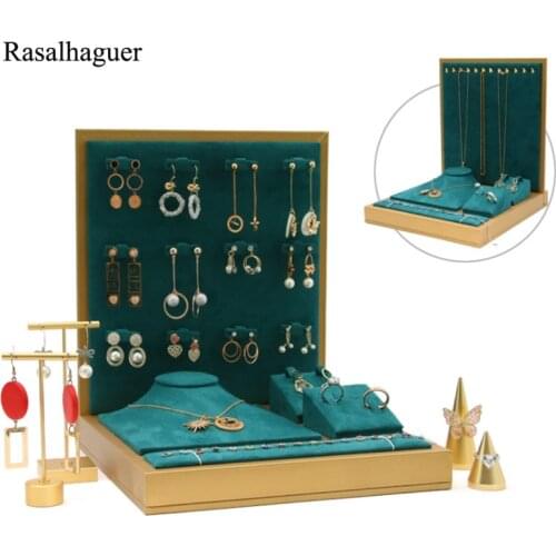 New 6 in1 Set Ornament Display Stand Green Microfibe rJewelry Earring Holder Necklace Bracelet Ring For Counter Jewellry Dispaly