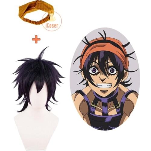 Anime JoJo Bizarre Adventure Narancia Ghirga Cosplay Wig Orange Hair Band Mix Black Purple Synthetic Messy Hair with Fringe