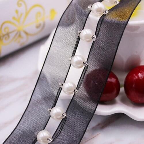 Polyamide Nylon Trim Imitation Pearl Beaded Lace Fabric Wedding Dress Headdress DIY Decoration Sewing Supply 35mm, 0.9m(1 Yard)