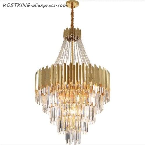 Post Modern Luxury Lustre Titanium Gold Steel Led Pendant Lights KOSTKING K9 Crystal Led Hanging Lamp Lighting
