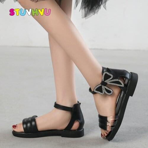 New Summer Girls Sandals Princess Roman Shoes Bowknot Rhinestone Children Sandals Non-slip Leather Kids Sandals Black Pink White