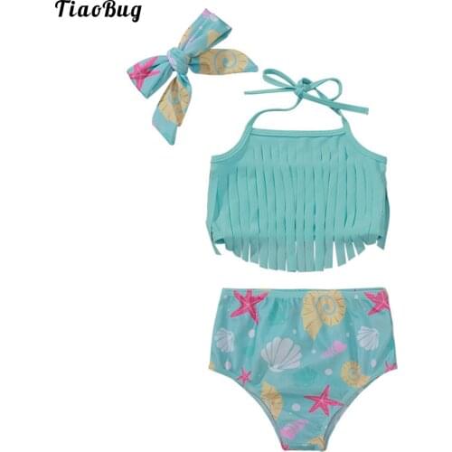 TiaoBug 3Pcs Kids Girls Summer Swimming Suit Halter Neck Straps Tops With Ocean Animal Fish Scales Print Shorts And Headband Set