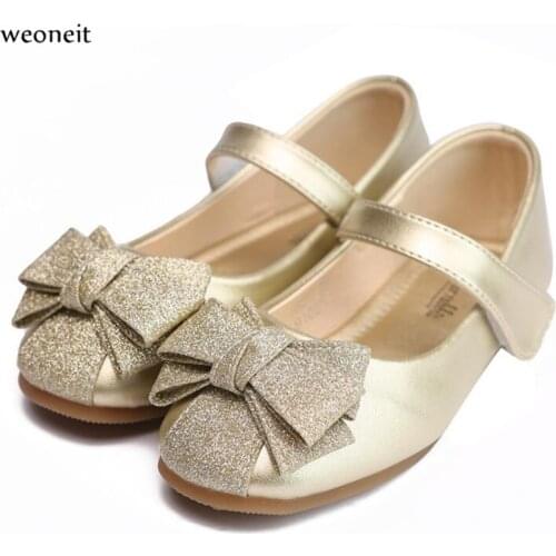 Weoneit Girl Shoes Fashion Bow Childrens Dance Shoes Gold Silver Flat Heels Girls Leather Shoes Kids Leather Shoes CN 25-34