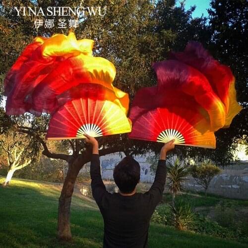1 Pair (Left+Right Hand) Natural Silk Belly Dance Fans 3 Colors Handmade Hand Dyed Silk Veils Dance Fans 150/180x90cm For Adults