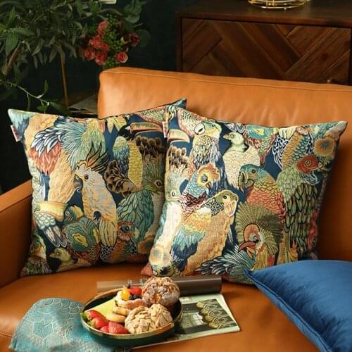 High-Precision Embroidery Pillow Cover Parrot Flowers Birds Luxury Modern Euro Hotel Home Livingroom Sofa Decor Pillow Cover