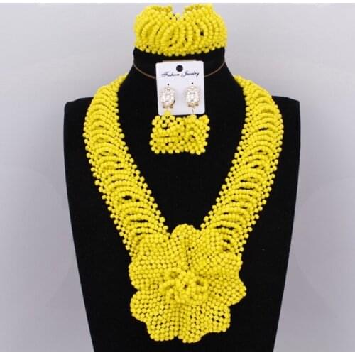 Dudo Jewelry African Beads Bridal Jewelry Set Yellow Nigerian Wedding necklace Set Jewellery Free Ship Handmade Flower Beads New