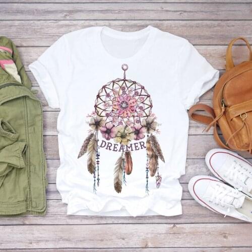 2020 Womens T-Shirt Dream Feather Graphic Fashion Print Women Harajuku Top Female Tshirt Oversize White Short Clothes