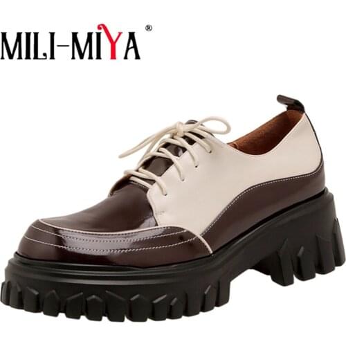 MILI-MIYA Color Matching Women Patent Genuine Leather Pumps Thick Bottom Cross Tied Round Toe Platform Spring Autumn Shoes Brown