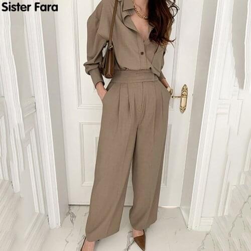 Sister Fara New Spring 2021 Single Breasted Long Sleeve Shirt Women+Elastic Waist Wide Leg Pants Office Lady Elegant 2 Piece Set
