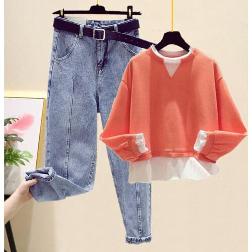 Women 2021 New Spring Autumn Sweatshirt 2 Piece Tracksuit Female Stitching Color Tops and Jeans Pants Female Two Piece Set Q675