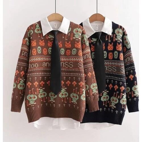 Cartoon Jacquard Knit Women Sweater 2021 Winter Warm Pullovers Coat Full Sleeve O-neck Korean Fashion Female Harajuku Jumpers