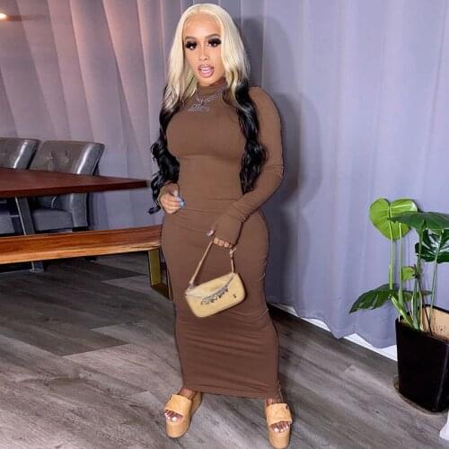 2020 New Fashion Women High Neck Bodycon Long Dress Solid Color Long Sleeve Sexy Open Back Maxi Dress Party Shopping Dress