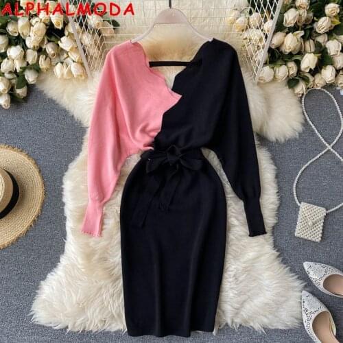 ALPHALMODA Beautiful Hit Color Women Chic Autumn Winter Dress V-neck Bat-sleeved Sashes Stretchy Two Tone Knitting Dress