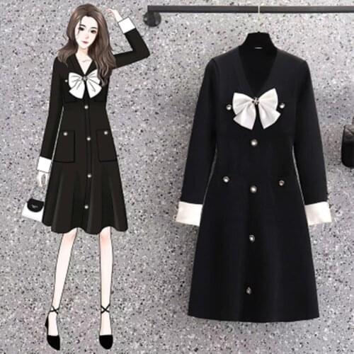 2021 Autumn New Luxury Sparkling Crystal Bow V-Neck Women Vintage Long Sleeve Casual Knitted Dresses