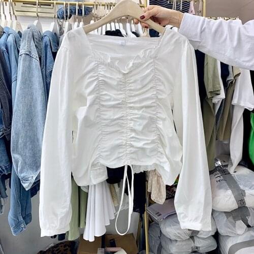 2021 Summer Girls Fashion Tops Women Casual Elegant Office Long Sleeve Sexy White Folds Shirring Loose Big T-Shirt Tees Blouse