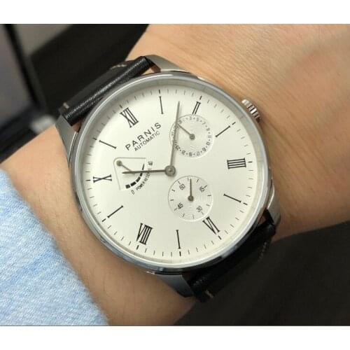 PARNIS 40mm white dial Automatic Self-Wind movement power reserve mens watch Auto Date Mechanical watches wholesale pa128-p8