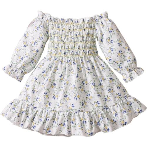 Citgeett Autumn kids Girls Casual Long Sleeve Dress Floral Elastic Boat Neck A-line Princess Dress Clothes