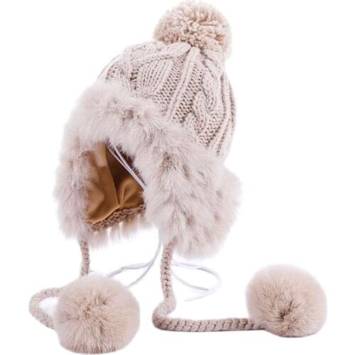 Doitbest Winter Women knit Hats Velvet Warm Thicken Ear Flaps snow Hats Womens real Rabbit Fur Beanie Hat