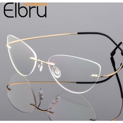 Elbru Titanium Alloy Glasses Frame Women Ladies Retro Rimless Cat Eye Optical Glasses Frame Vintage Spectacles Frames for Women