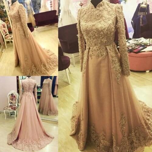 Elegant Arabic A-Line Evening Dresses Long Sleeve Dubai Indian High Neck Evening Gown Custom Made Lace Appliques Muslim Party