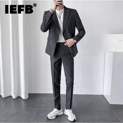 IEFB 2021 New Suits Stripe Trend Casual Handsome Two-piece Set Mens British Wedding Dress Black Blue Blazer + Suit Pants 9Y8765