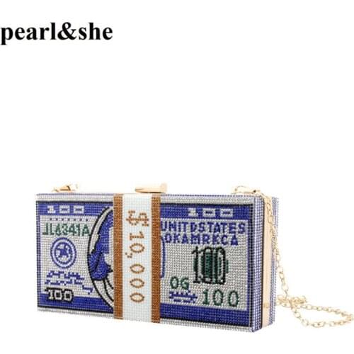 Money Clutch Rhinestone Dollars Stack Of Cash Purse 10000 Evening Handbags Shoulder Wedding Dinner Bag Peral&she