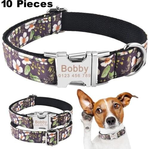 AiruiDog Nylon Personalised Dog Collar Metal Buckle Name ID Engraved Small Large Puppy 10 Pieces Pet Accessories Dog Id Tag