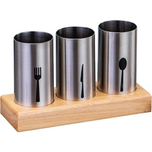 2021 New Flatware Holder Stainless Steel Cutlery Basket with Wooden Base Stand for Forks
