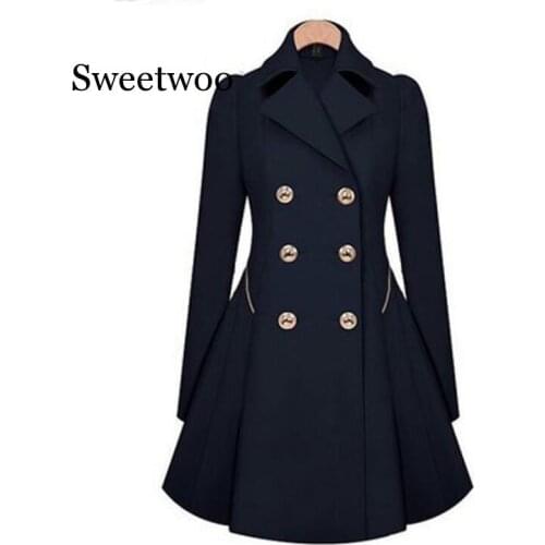 New Spring Coat Women Slim with Double Button Navy Blue Solid Color Long Sleeves Tops Office Lady Winter Trench Outwear