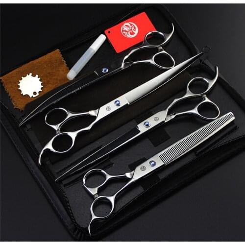 Professional Pet Dog Grooming Scissors 8.0 inch Hair Cutting + Thinning + Curved Shears 440C Straight Scissors 4 PCS Set + Case