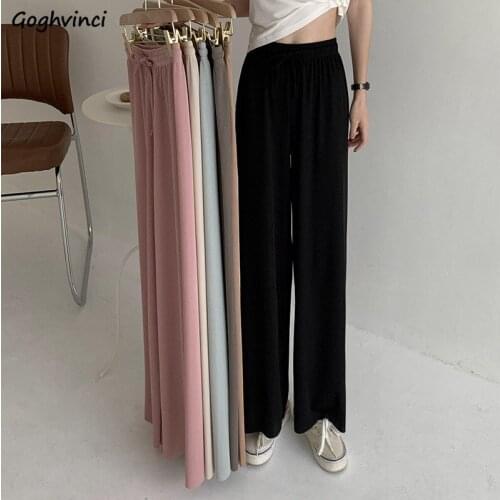 Solid Summer Thin Wide-leg Pants Women Lace-up Baggy Draped High Waist Straight Leisure Korean Style Ulzzang Students Capris Ins