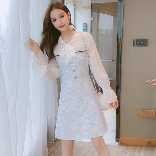 Fall New Vintage Sexy Patchwork Mini Dresses Women See-Though Dot Chiffon Flare Sleeve Tweed Ribbon Bow Buttons Party Dress