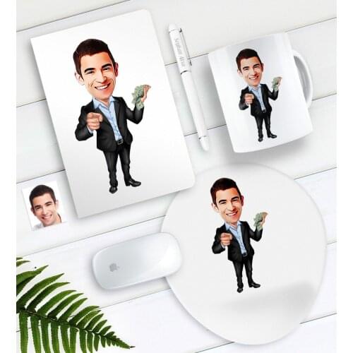 Personalized Mr Banker Caricature Of Notebook Pen Mug Mouse Pad Seti-1